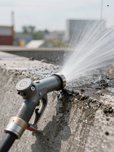 Close-up of a high-pressure spray nozzle contacting a stained concrete surface, bright overcast daylight, clean arc of water visibly stripping away dark grime, construction-grade equipment detail in foreground