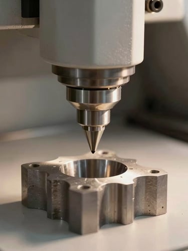 High-tech CNC milling machine carving a custom steel mold, clean industrial laboratory, soft warm lighting, macro lens.