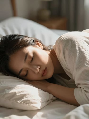 Intimate medium close-up of a person sleeping peacefully under soft white linen sheets, warm morning light diffusing across the room, shallow depth of field.