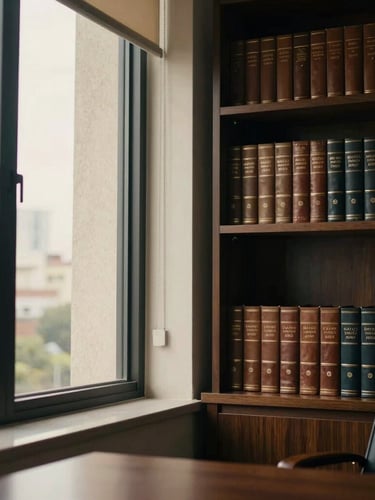 Warm editorial photography of a sober, high-end law office in São Paulo, soft morning light filtering through tall windows, leather-bound books on a dark wood shelf in the background, 35mm, shallow depth of field