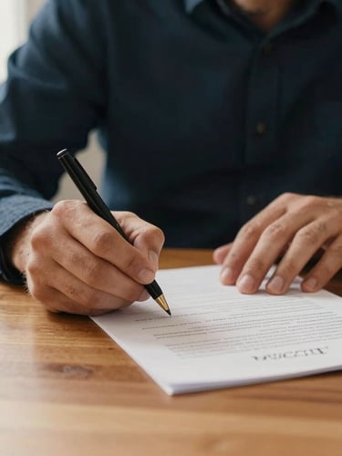 Close-up of hands signing a document on a solid wooden desk, warm natural window light, deep navy and warm ivory tones, shallow depth of field, 35mm