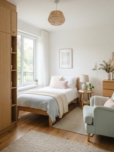 Bright Scandinavian interior of a senior room, soft natural daylight, clean white and pastel tones, high-end architectural lens, showing a beautifully prepped room with a wooden wardrobe and bed