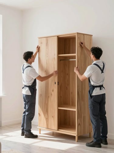 Professional logistics staff in clean uniforms carefully assembling a high-quality wooden wardrobe in a bright, sunlit room, soft daylight, Scandinavian interior