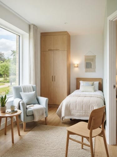 Bright Scandinavian interior photography of a clean, sunlit resident room in a care home, minimalist wooden wardrobe, soft natural daylight, high-end architectural lens