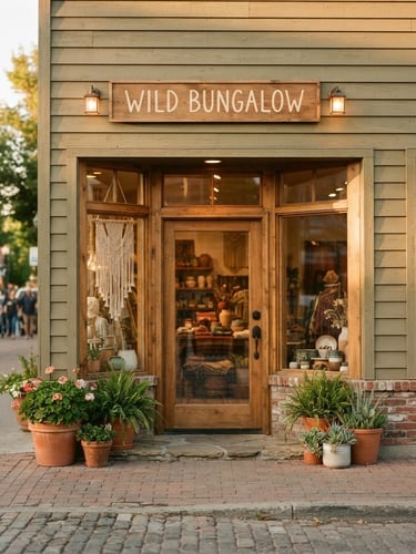 Straight-on warm architectural shot of the physical Wild Bungalow storefront in Emmett, Idaho, with a wooden sign, warm afternoon sun lighting the clean facade, 35mm lens, shallow depth of field