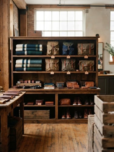 A warm, straight-on architectural shot of a modern heritage mercantile interior, featuring neatly arranged canvas packs, leather goods, and wool blankets on wooden shelves, illuminated by soft natural window light.