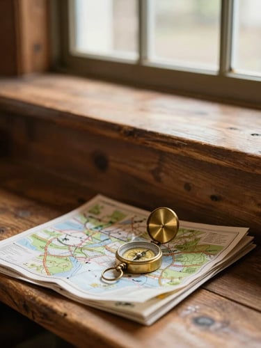 Warm editorial portrait of a rustic wooden counter inside the mercantile, soft natural light, a stack of trail maps and a vintage brass compass in the foreground.