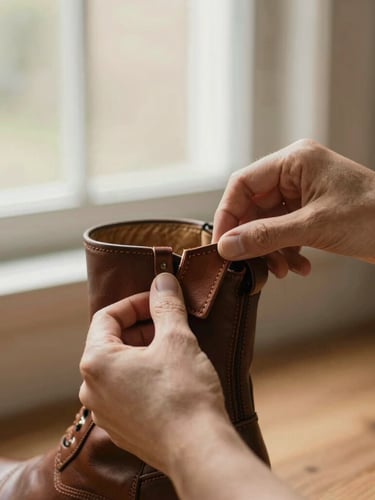 warm editorial photography, soft natural window light, rich earth tones, 35mm lens, shallow depth of field, close-up of hands adjusting a leather boot strap