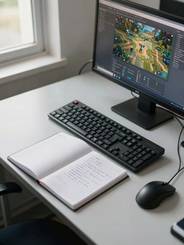 Close overhead shot of a testing workstation at IFRN lab — keyboard, mouse, open notebook with handwritten test notes, monitor displaying a game build, natural window light from the left side, no person visible, documentary clean