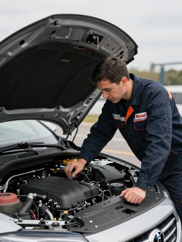 A Red-Seal mechanic in a clean dark navy uniform inspecting a car engine bay under an open hood, crisp overcast daylight, professional, 35mm