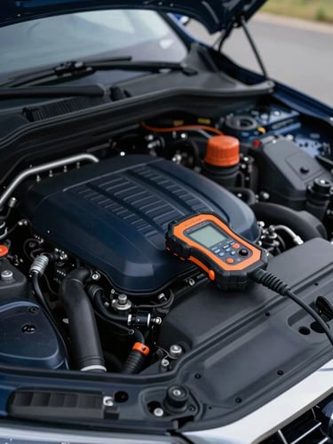 Crisp outdoor photography of a clean engine bay with a diagnostic tool connected, overcast daylight, deep navy tones, sharp focus, 35mm