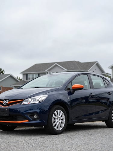 A used hatchback parked in a suburban Halifax driveway under overcast Nova Scotia sky, clean composition, 35mm