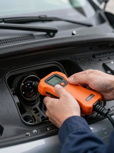 Close-up of a professional mechanic's hands plugging a high-end diagnostic scanner into an OBD-II port under a car dashboard, sharp focus, 35mm