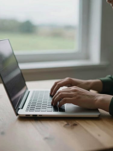Close-up of hands setting up a modern laptop on a clean wooden desk, soft overcast Scottish morning light through a window, shallow depth of field, 35mm