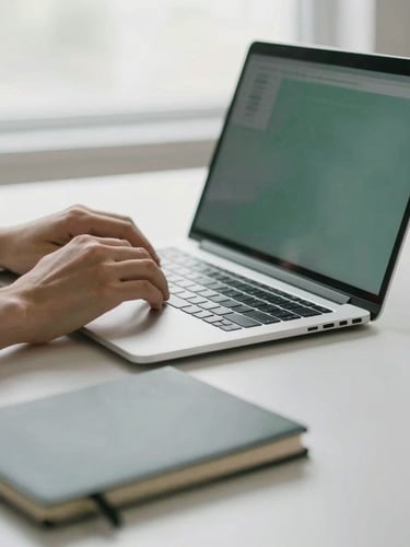 A clean desk setup with soft natural daylight, a hand adjusting a laptop screen next to a slate-grey notebook, shallow depth of field.