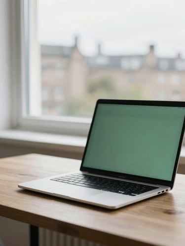 A quiet, high-quality photograph of a clean, natural-light workspace in Edinburgh, with slate and muted forest green tones, showing a laptop on a wooden desk with a soft overcast daylight window view, shallow depth of field, 35mm