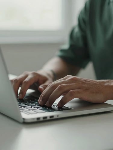 An editorial close-up of hands setting up a laptop on a clean slate counter under soft overcast natural daylight, muted slate and forest green tones, shallow depth of field