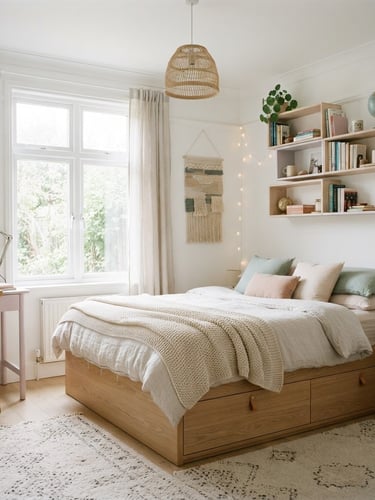 Bright, airy teen bedroom featuring a pastel wood storage bed and floating shelves, soft morning daylight, clean Scandinavian interior, 35mm