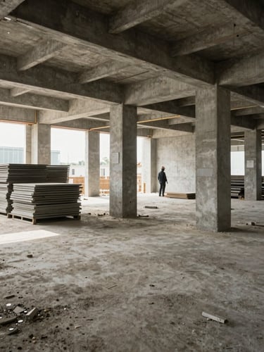 Wide environmental shot inside a mid-construction commercial floor, exposed concrete columns and rough-in MEP overhead, organized material stacks on the left, crew member in hard hat visible at scale in the background under natural site light