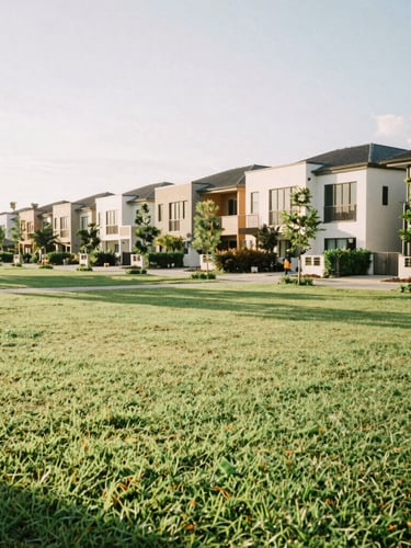 Wide environmental shot of Mahkota 1 neighborhood park in bright afternoon sunlight, manicured green lawns, clean architectural lines of modern homes in the background, warm inviting tones, 35mm