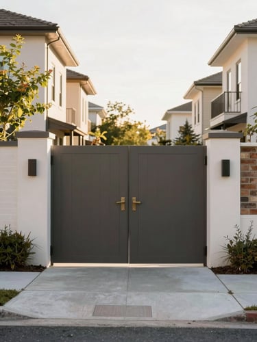 Bright natural afternoon light on the clean architectural entrance gates of a modern residential neighborhood, warm editorial style, 35mm.