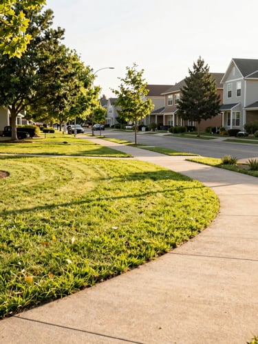 A bright, sunlit view of a well-maintained neighborhood common park with green lawns and clean paved pathways, warm afternoon light, 35mm.