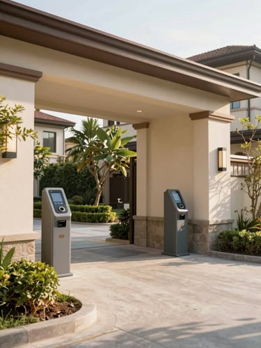 Bright afternoon sunlight casting soft shadows on a beautifully landscaped gated community entrance with modern security kiosks, 35mm photography