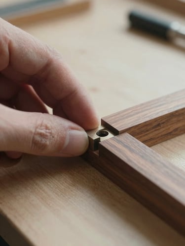 Extreme close-up of a mortise-and-tenon joint being hand-fitted, fingertips pressing the pieces together on a workbench under cool north-facing daylight, walnut grain visible, no tools in frame, clean workshop background