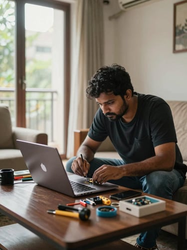Close environmental shot of a technician in a customer's living room, seated at a coffee table repairing a laptop, natural window daylight from the left, tools and components visible on the table, Bangalore residential interior in background, documentary framing