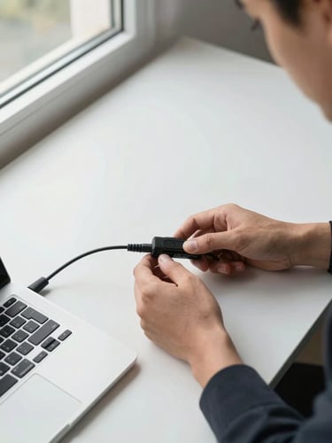 Close overhead shot of a technician's hands connecting a laptop power cable on a customer's desk, natural window light from the left, clean neutral desk surface, no faces visible