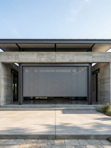 Wide-angle architectural elevation of a concrete pavilion, showcasing a recessed motorized screen, crisp daylight, high-contrast metallic and concrete tones.