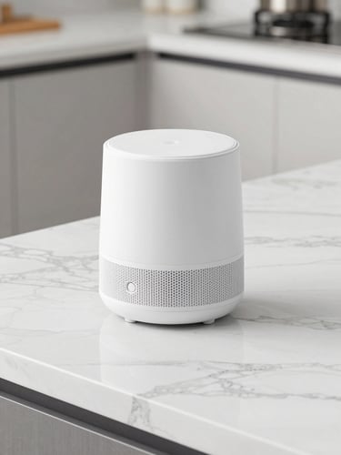 Bright high-key product photography of the smart home utility gadget on a clean marble countertop, crisp studio lighting, 35mm
