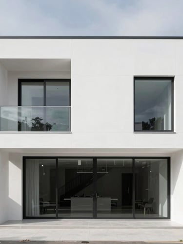 Straight-on architectural elevation of a modern minimalist home extension with pristine white silicone rendering under clear overcast daylight, crisp material junctions, 35mm
