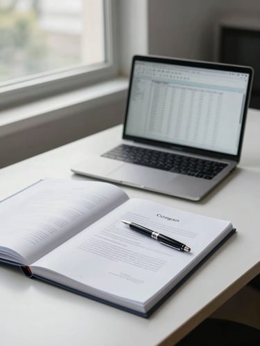 Medium shot of an organized professional workspace — a tidy desk with open contract binders, a pen resting on a signed agreement, and a laptop showing a spreadsheet, lit by diffused daylight from a wide office window to the left, no people visible, clean and formal atmosphere