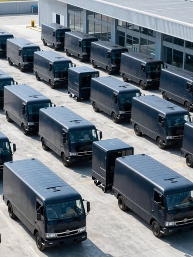 Wide shot of a fleet of identical, dark-colored, secure transport vehicles parked in organized alignment at a modern logistics hub, bright daylight, cool blue and slate tones, high-contrast.