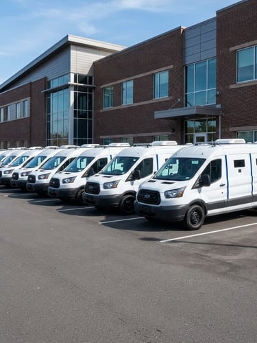 A line of white secure transport fleet vehicles parked in perfect alignment outside a modern brick facility in Silver Spring, bright daylight, sharp corporate photography.