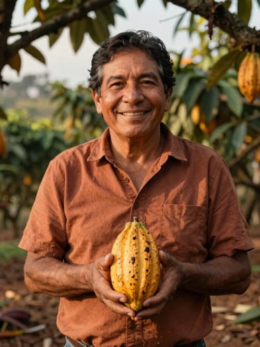 Warm editorial portrait of founder Irving Smith Piñin Ato smiling, standing in a sun-drenched cacao field in Las Lomas, Piura, holding a raw golden cacao pod, golden-hour natural light, rich chocolate tones, 35mm.