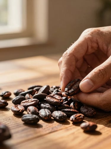 Macro shot of hands sorting dark, rich fermented cacao beans on a rustic wooden table, warm golden-hour sunlight streaming in from a side window, shallow depth of field, 35mm.