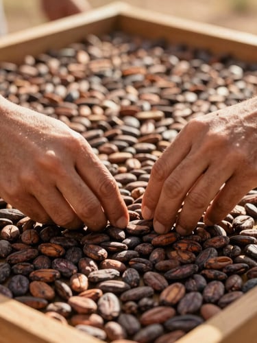 Close-up of hands sorting rich brown cacao beans on a wooden drying tray under warm Piura golden-hour sunlight, shallow depth of field, 35mm