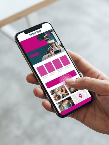 Crisp modern tech photography, bright clean studio lighting, a high-quality mockup of a fast-loading local business website on a modern mobile device, fingers touching the screen, 35mm