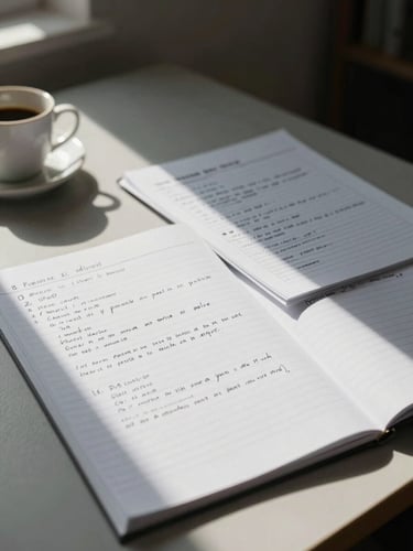 Wide environmental shot of an unoccupied planning desk seen from slightly above, legal pads with handwritten notes and a marked-up document spread across the surface, a single ceramic coffee cup at the far left edge, northern daylight falling from the left, deep shadow in the right corner, no people