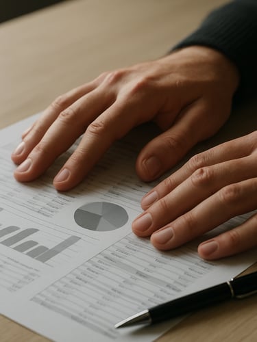 Close-up of hands resting on a detailed financial planning document on a pale oak desk, northern daylight falling from the left, a pen resting beside annotated pages, quiet and still
