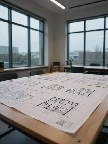 Wide shot of a quiet planning room interior, a large drafting table visible at center with estate diagrams and documents spread across it, tall windows admitting cool northern daylight, no people present