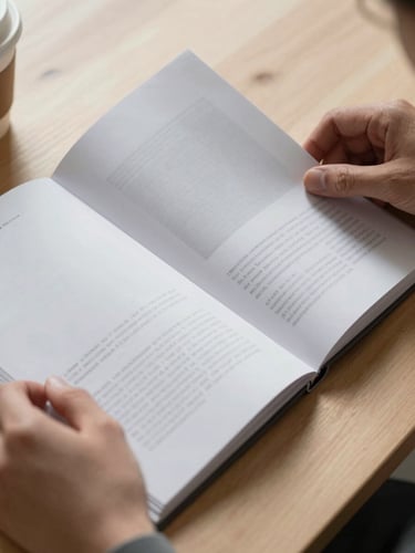 Close-up of hands turning the page of a printed portfolio review document on a pale wood surface, northern daylight casting a soft shadow across the page, a coffee cup partially visible at the edge of the frame