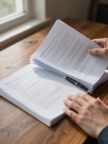 Close-up of hands spreading open a multi-page financial planning document on a wooden desk, northern daylight from a window at left, papers slightly worn at the edges, a pen resting across the corner