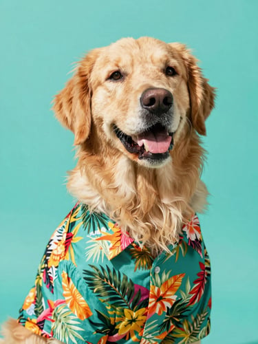 A joyful golden retriever wearing a colorful handmade tropical shirt, bright natural daylight, vibrant teal background, eye-level shot