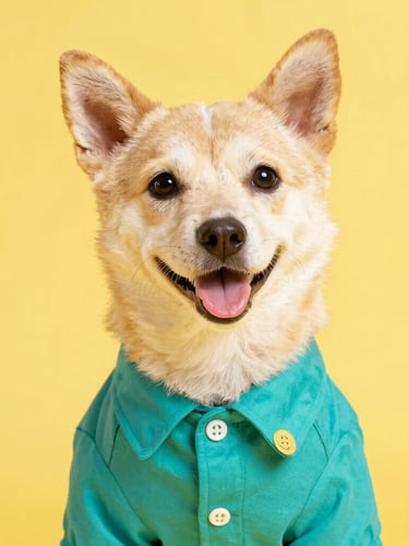 Bright studio photography, eye-level close-up of a happy small dog wearing a custom-tailored colorful teal shirt, soft natural daylight, vibrant yellow background, sharp focus, shallow depth of field, 35mm