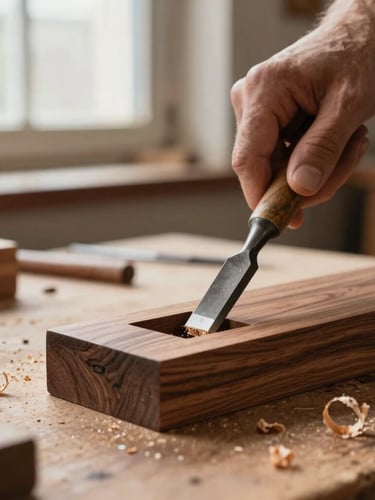 Close-up of a woodworker's hands using a traditional metal chisel on a solid walnut mortise joint, soft natural side lighting from a workshop window, wood shavings on a rustic workbench.