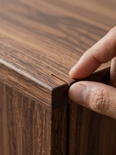 Macro close-up of a hand running over a perfectly joined mortise and tenon joint in dark walnut wood, soft natural side lighting