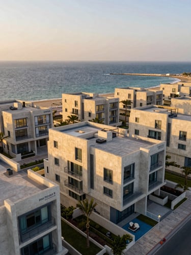 Wide-angle aerial architectural photography of DHA Phase 8 luxury villas along the Arabian Sea coast, golden-hour sunlight reflecting on clean modern concrete facades